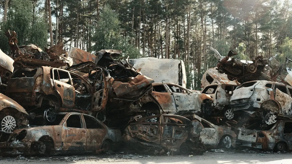 Épaves de voitures entassées dans une casse en forêt